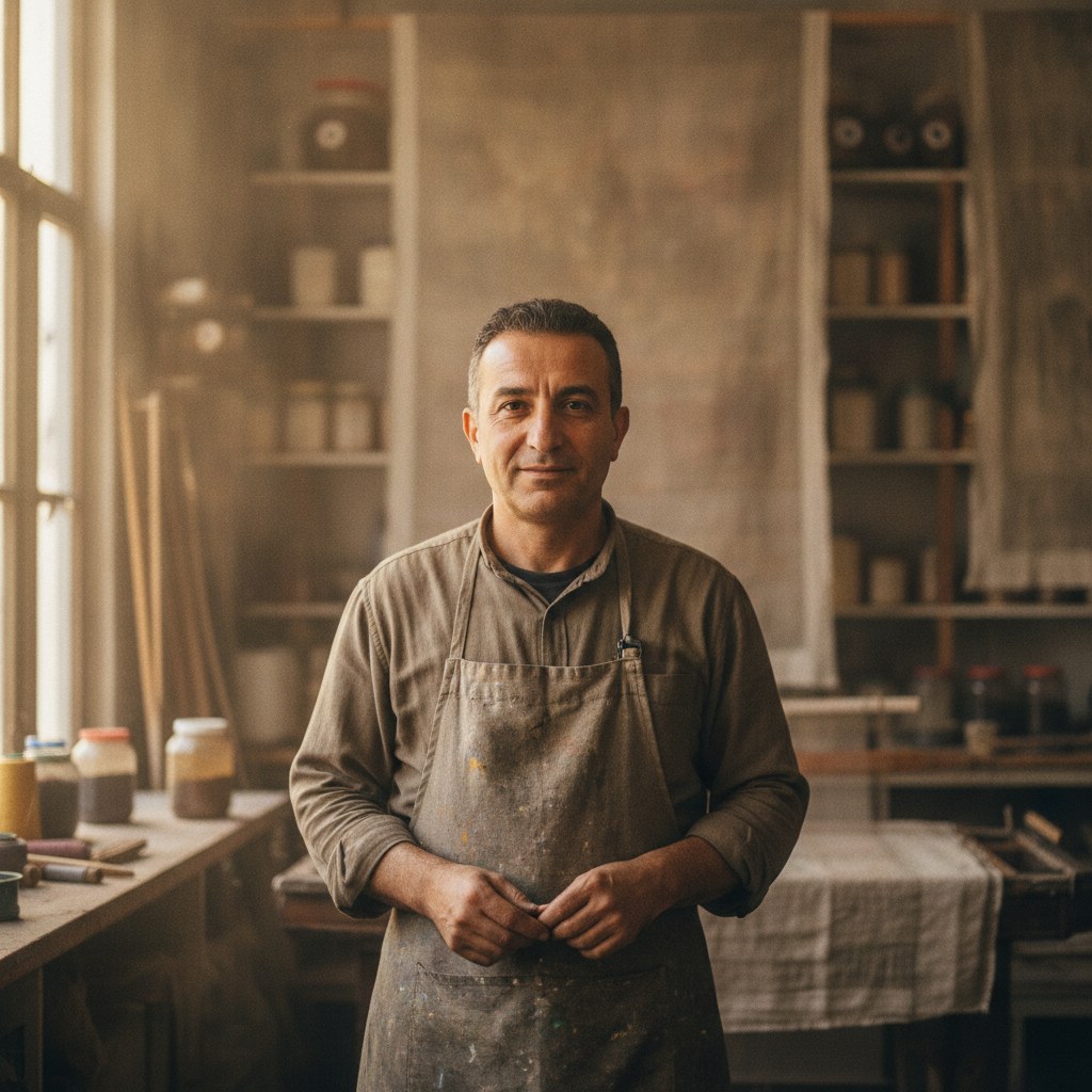 Atölyede keten gererken kurucu Deniz Aksoy